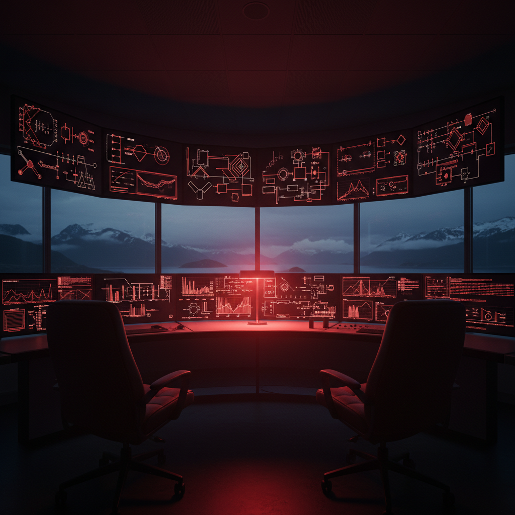Cinematic hero of an engineering control room at dusk — wall of dark monitors showing abstract red-and-white schematic graphs, two silhouetted leather operator chairs, a single red desk lamp, panoramic window onto a Norwegian fjord at twilight — representing the definitive online visibility guide for Norwegian technical firms
