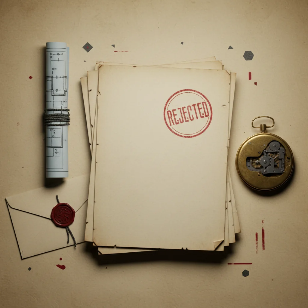 Arctic Helm illustration: rejected tender documents, sealed envelope, blueprint roll and brass clock arranged on a procurement desk in charcoal and redline editorial style