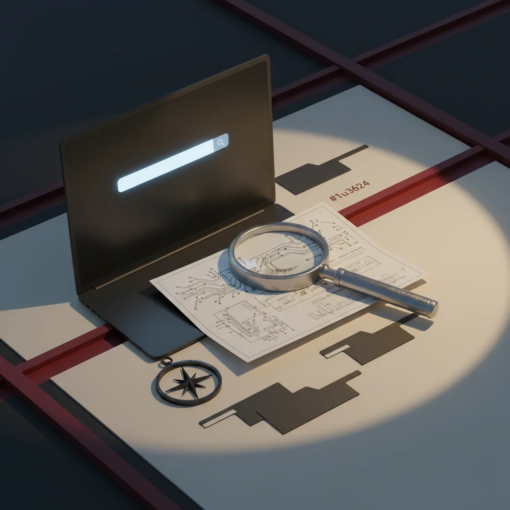 Arctic Helm illustration: dark laptop with blank search bar, steel magnifying glass on industrial schematic, compass rose and procurement folder tabs in charcoal and redline editorial style