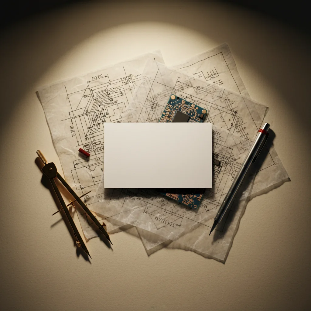 Arctic Helm illustration: blank professional card, mechanical pencil, engineering diagrams on tracing paper, circuit board component and brass drafting compass arranged in charcoal and redline editorial style