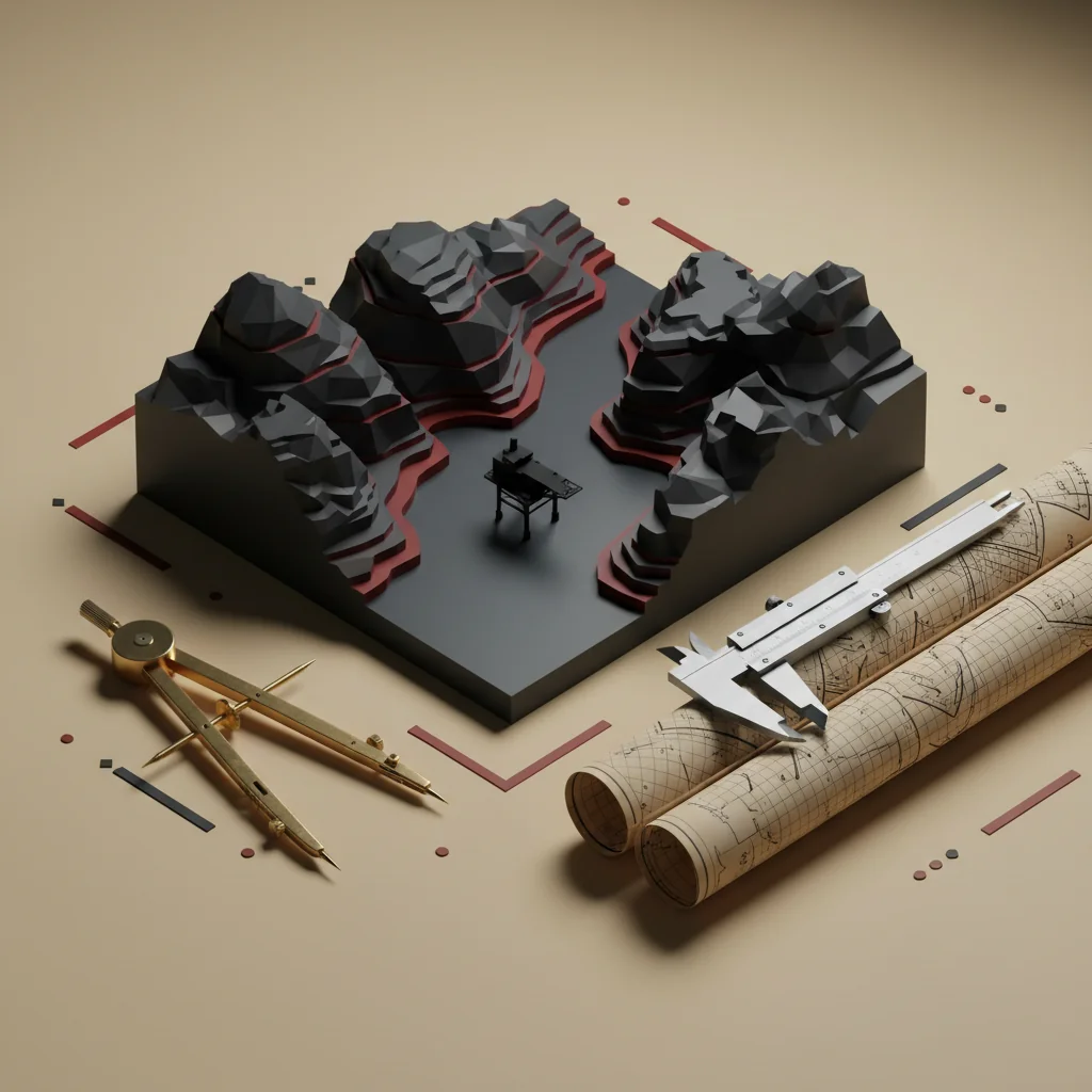 Arctic Helm illustration: miniature fjord scene with offshore platform silhouette, brass drafting compass, vernier caliper and rolled survey maps in charcoal and redline editorial style