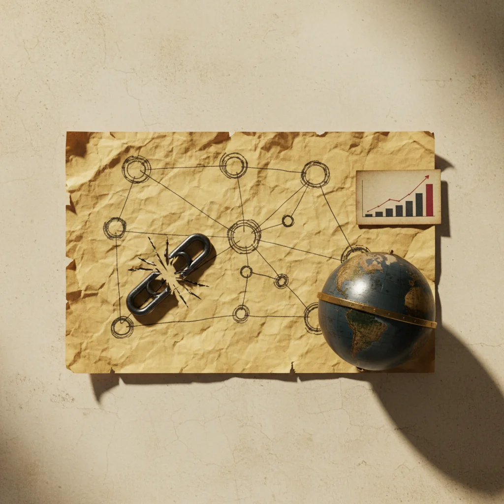 Arctic Helm illustration: network diagram on aged paper with broken chain link, growth bar chart and vintage globe segment in charcoal and redline editorial style