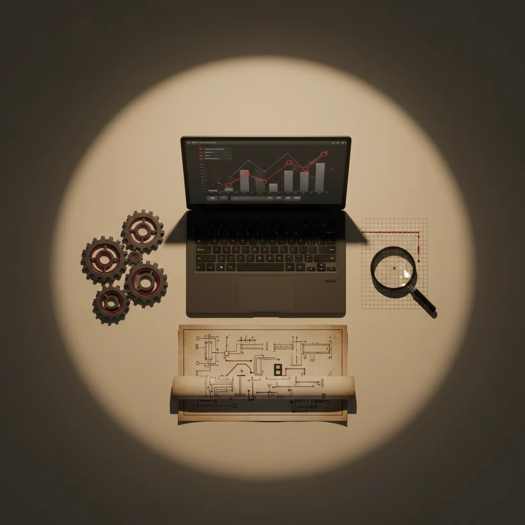 Arctic Helm illustration: analytics dashboard laptop, steel gear cogs, engineering schematic and magnifying glass over data grid in charcoal and redline editorial style