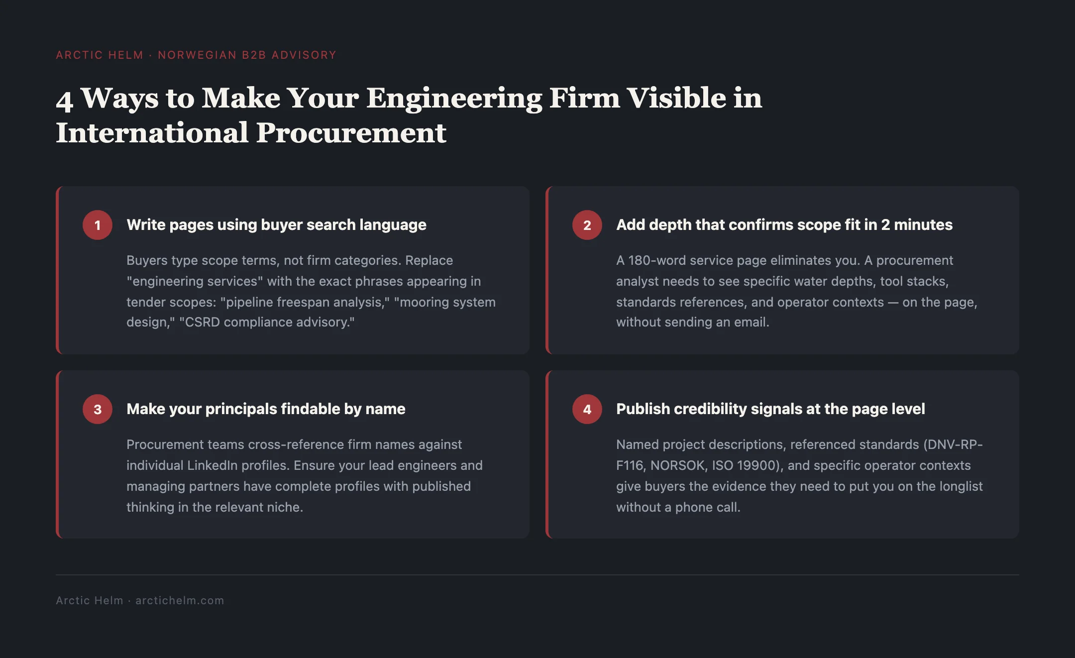 Arctic Helm tip graphic: 4 Ways to Make Your Engineering Firm Visible in International Procurement — source: Arctic Helm — arctichelm.com