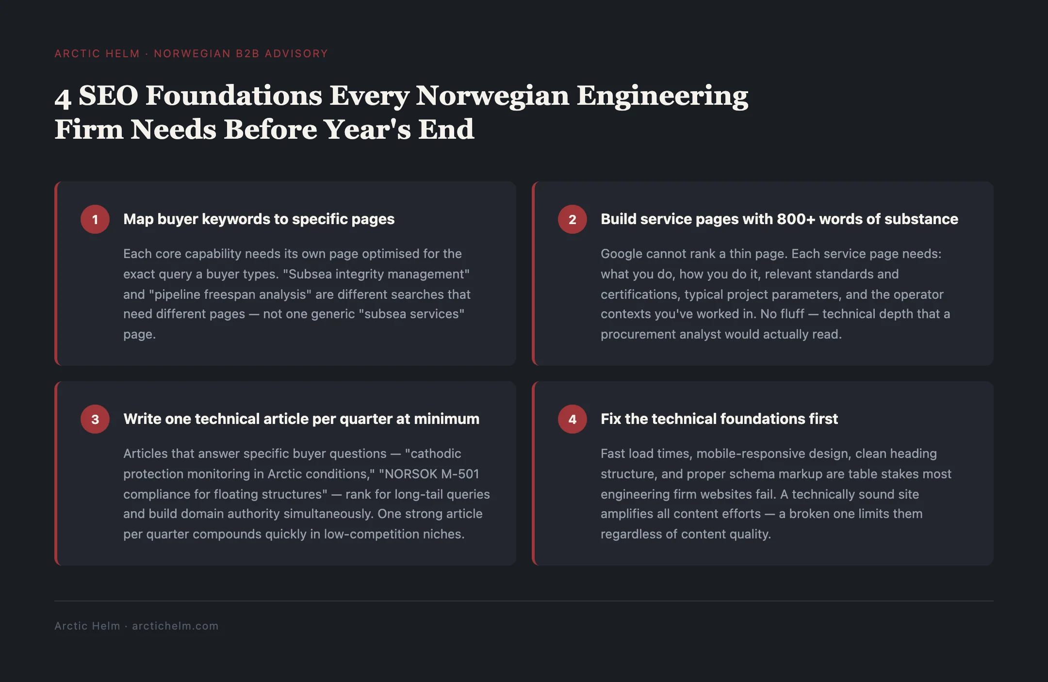 Arctic Helm tip graphic: 4 SEO Foundations Every Norwegian Engineering Firm Needs Before Year's End — source: Arctic Helm — arctichelm.com